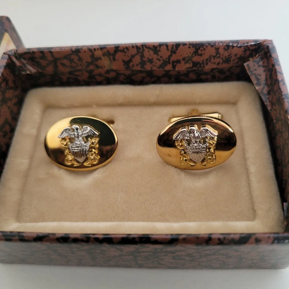 Dunhill Vintage US Navy Officer Crest Cufflinks Gold Silver Tone Two-Tone Boxed